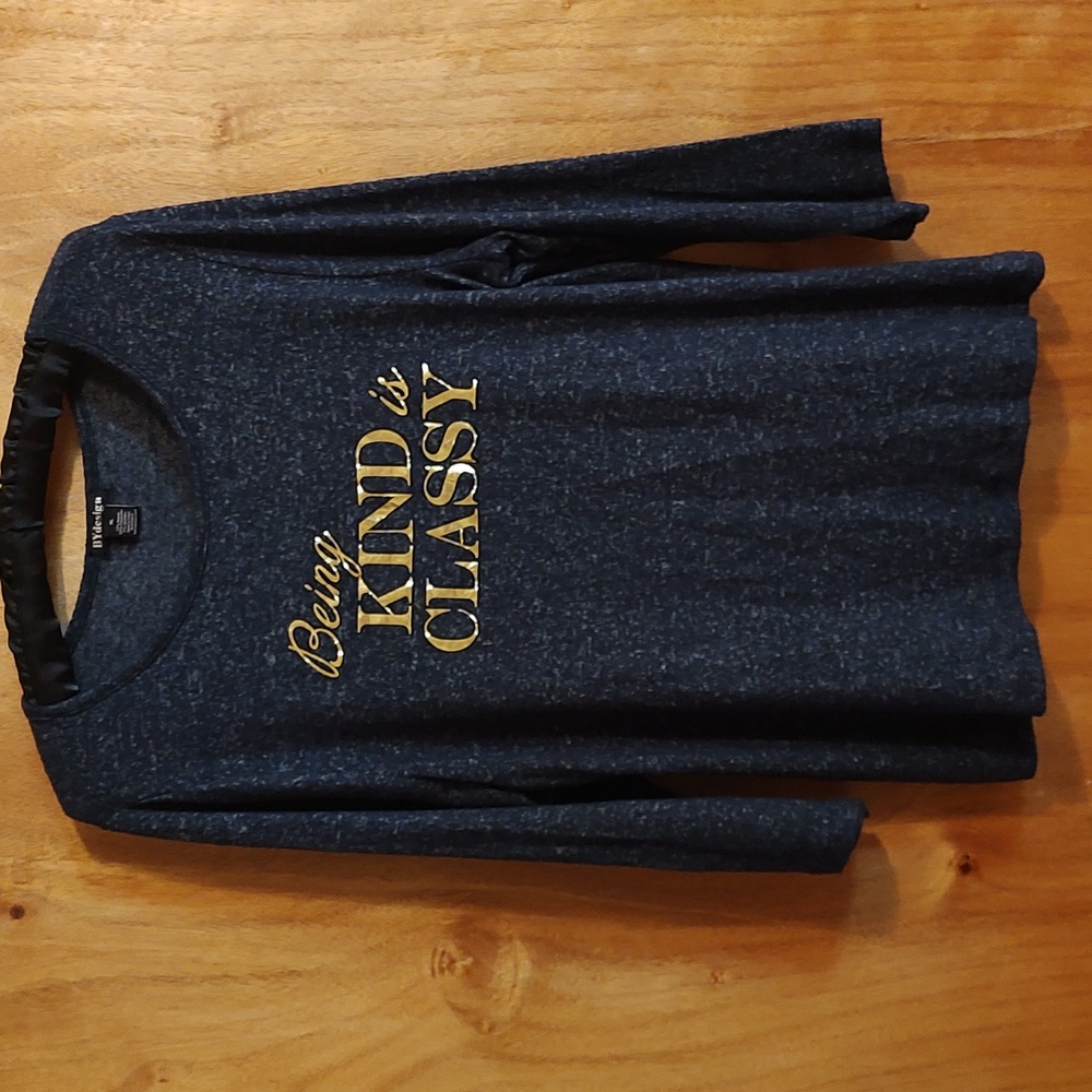 BYdesign Womens Graphic Tee Marled Navy Blue Metallic Gold Text ¾-Sleeve Size XL
